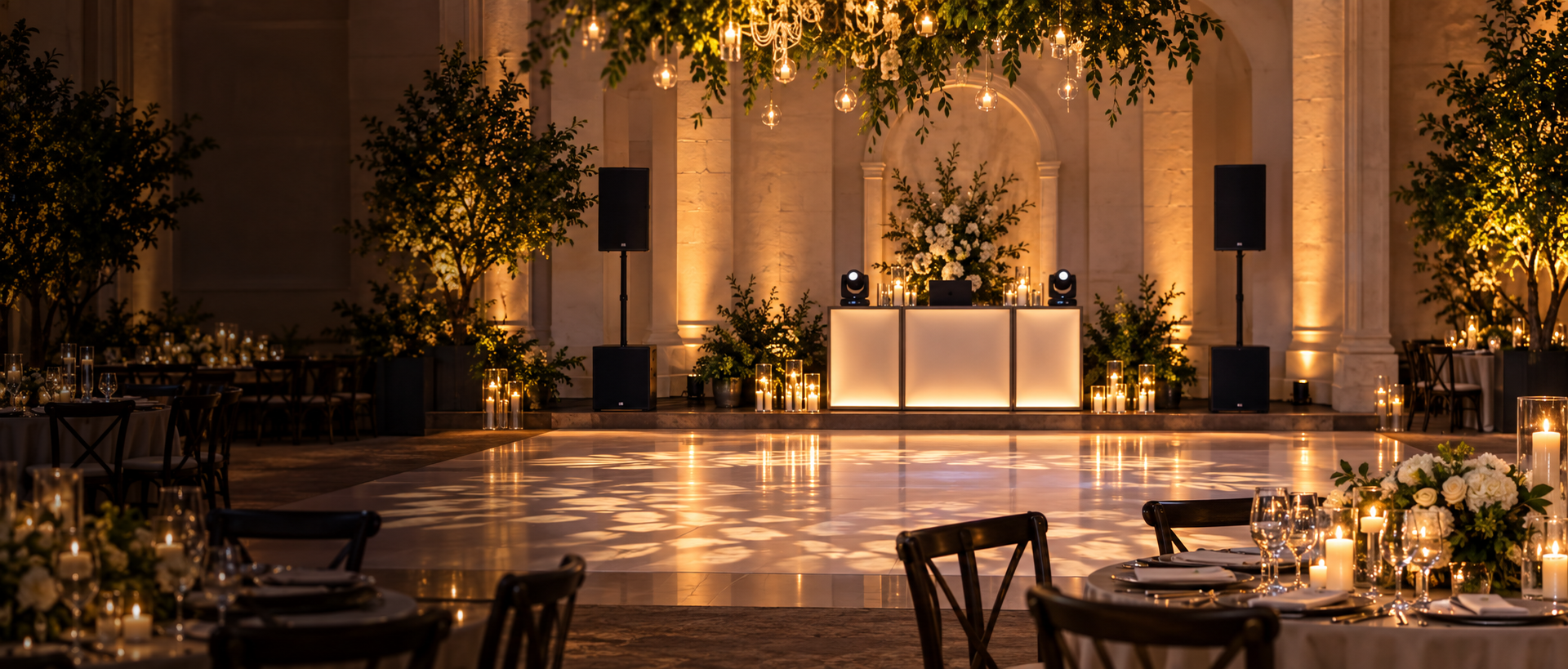 An elegant DFW Sound event production with professional speakers, warm uplighting and a refined dance floor